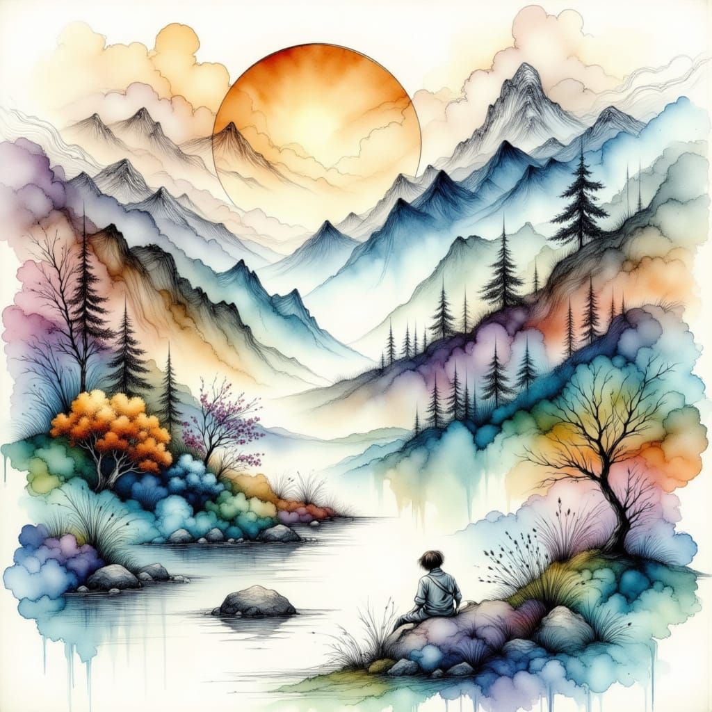 Serene Landscape in Modern Ink Wash Style