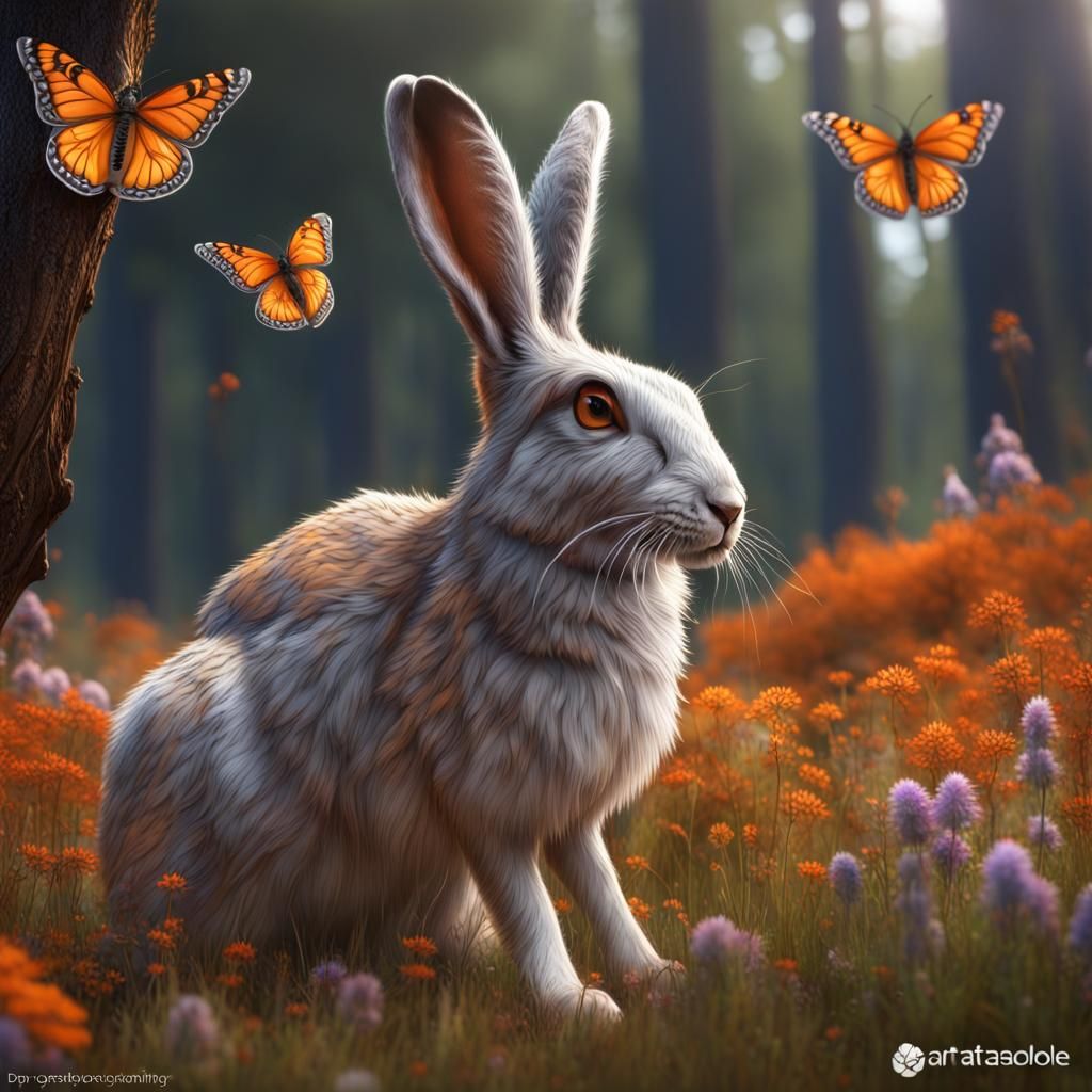 Hyperrealistic Molting Snowshoe Hare in Autumn Forest