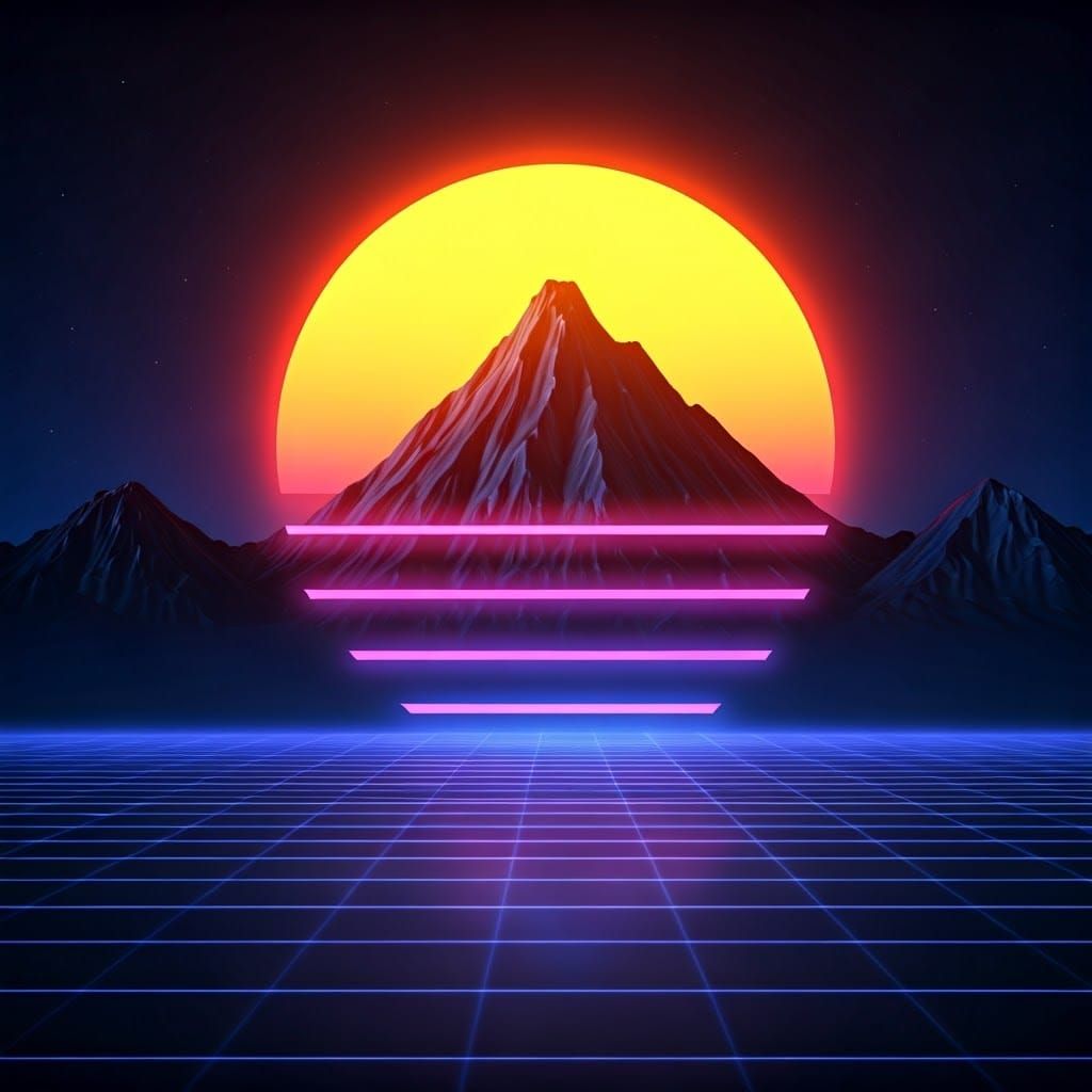 Retro-Futuristic Mountain Landscape with Neon Grid