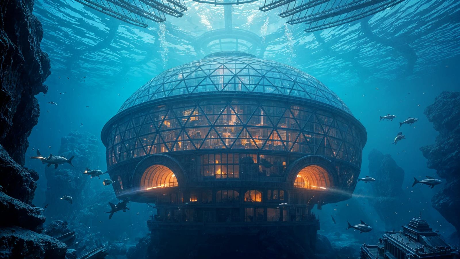 Underwater Dome City with Divers in 8k