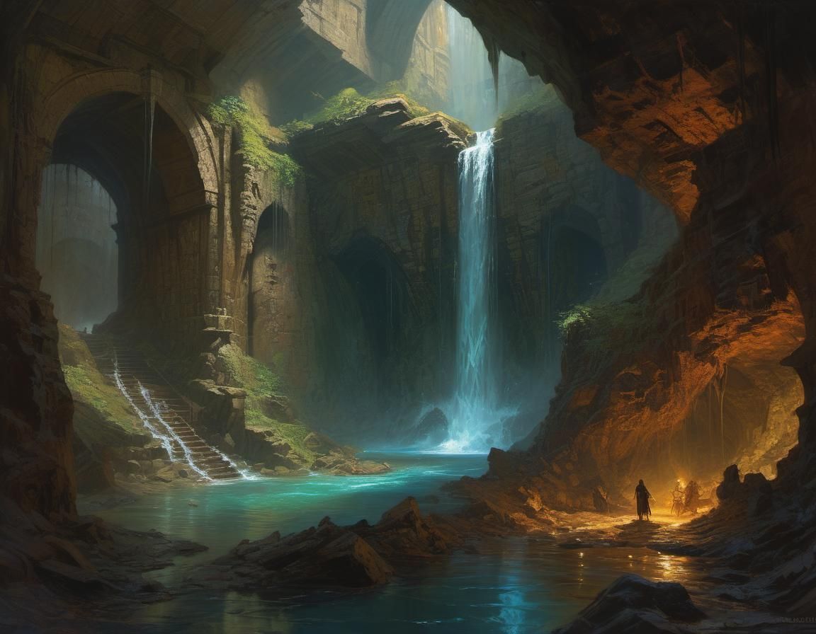 Fantasy Art: Underground Dungeon Waterfall in Oil