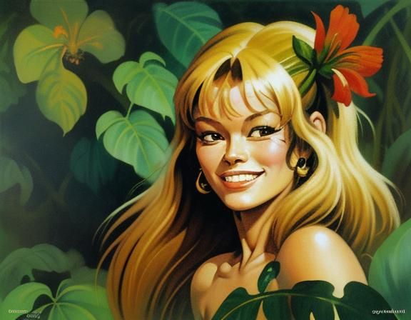 Very close to the camera Brigitte Bardot smiling among the jungle flowers