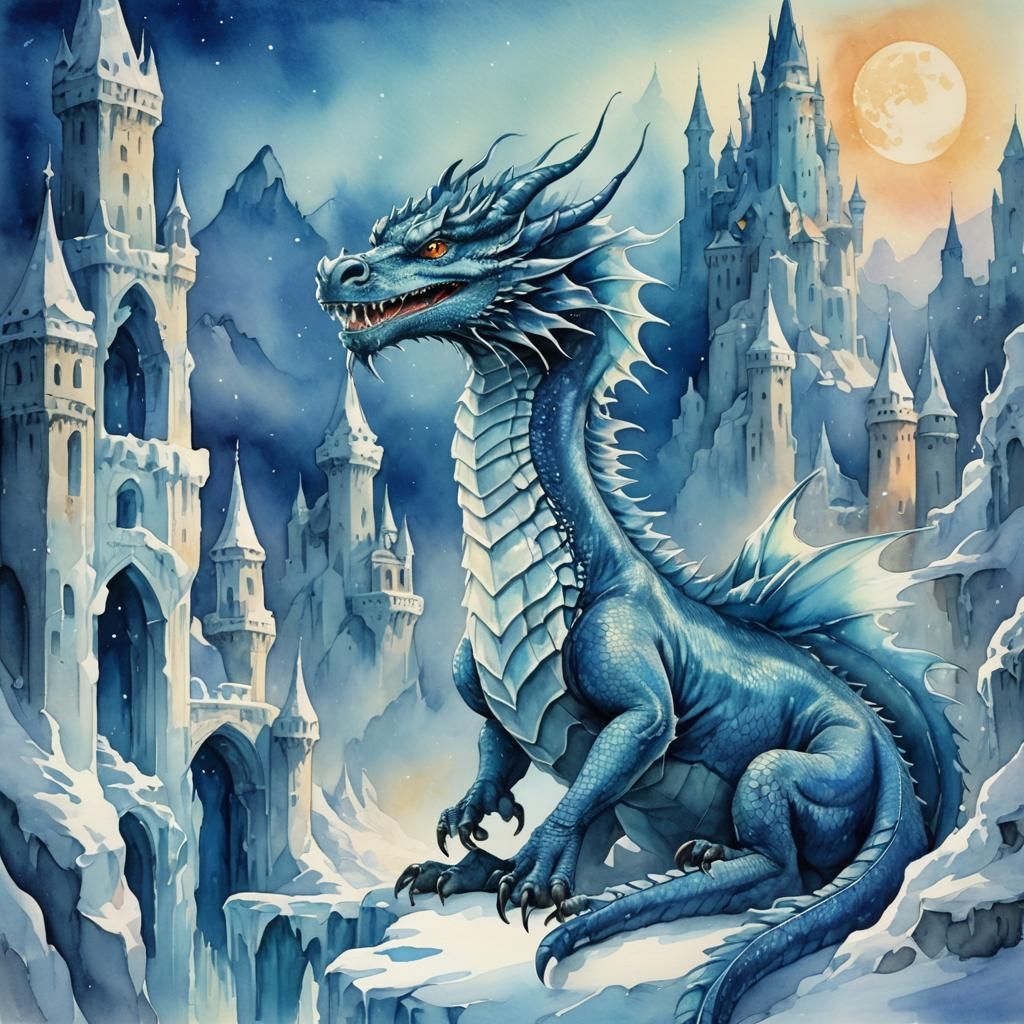 Blue Dragon Ice Castle in Watercolor Style