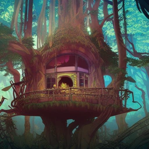 Weirdcore Treehouse Interior in Anime Style