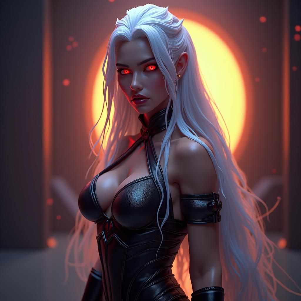 Striking Dhampir Woman in Science Fiction Setting