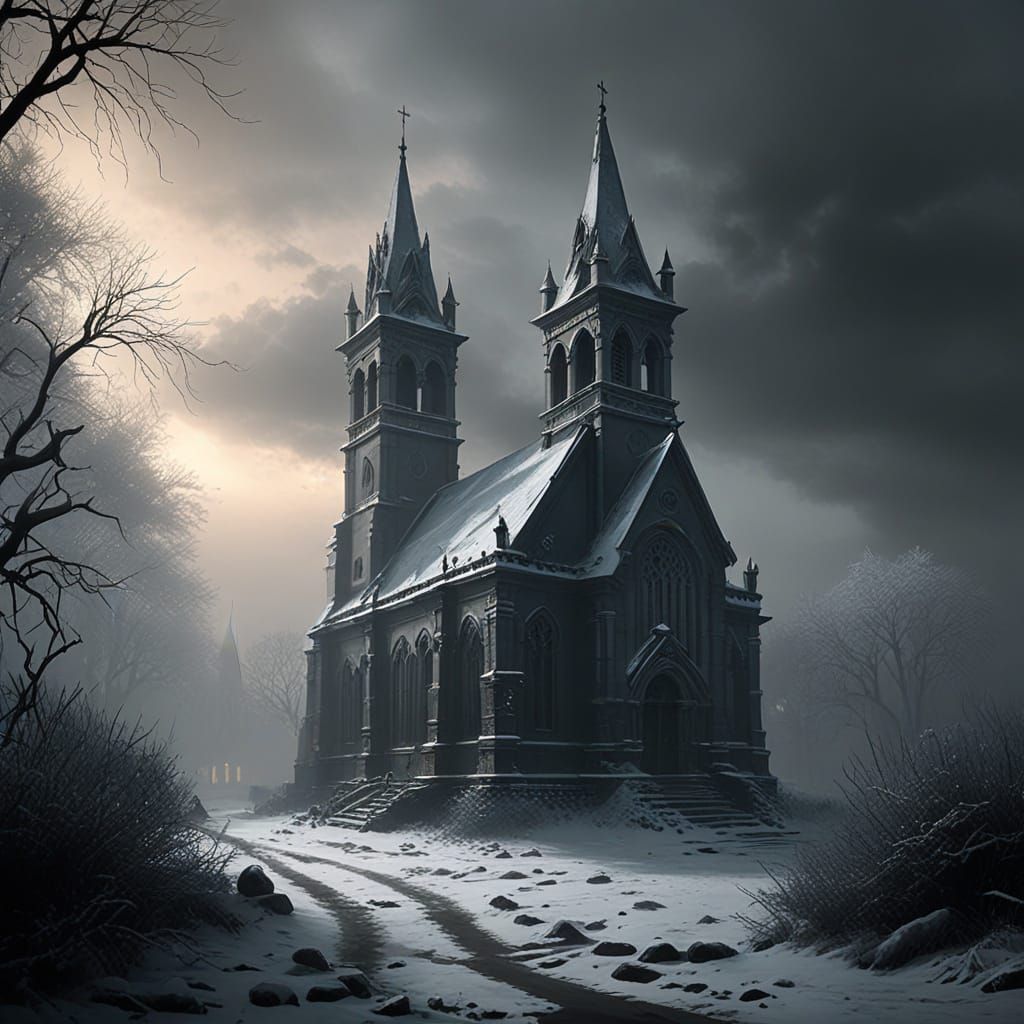 Spectral Spirit Haunts Abandoned Church in Winter
