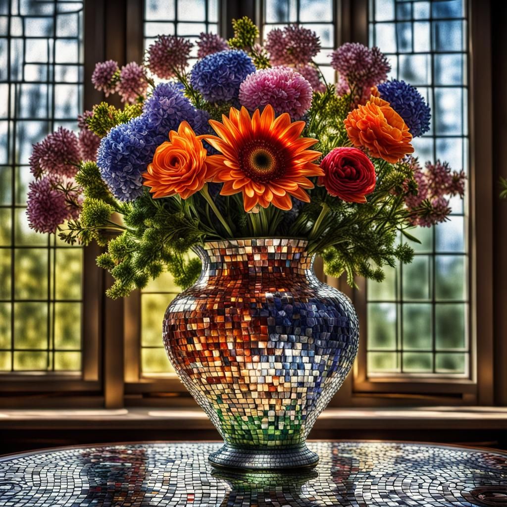 Hyperrealistic Bouquet in Crystal Vase by Window