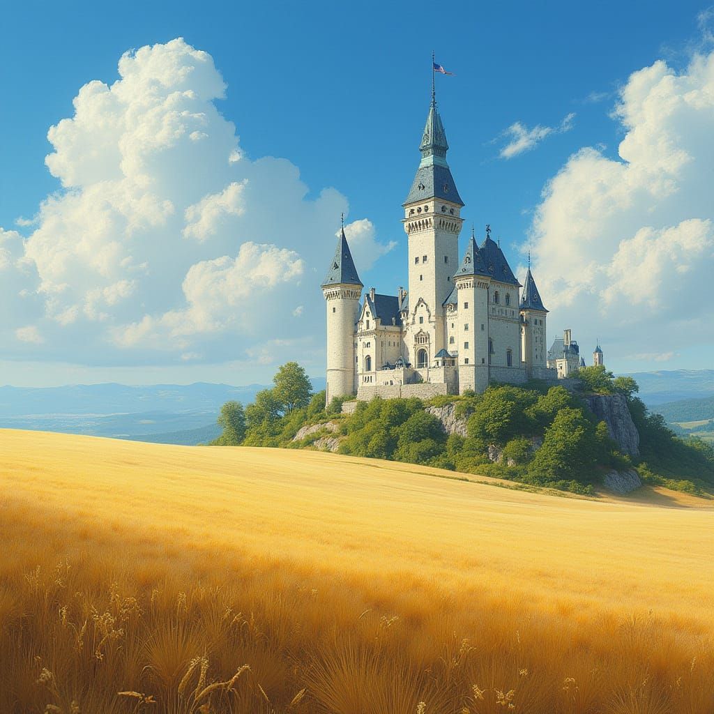 Majestic White Castle Amidst Golden Wheat Fields