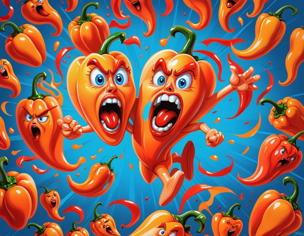 Cartoonish, Peach caricature, screaming, running,  chased by, three, Habanero pepper caricatures