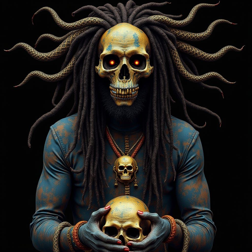 Mystical Figure with Golden Skull Pendant and Dreadlocks