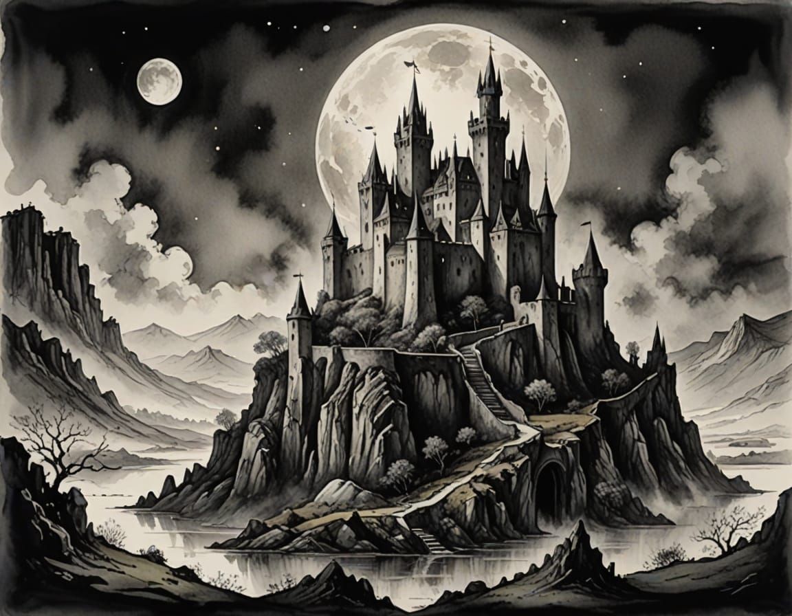 Surreal Highland Castle under a Mysterious Black and White M...