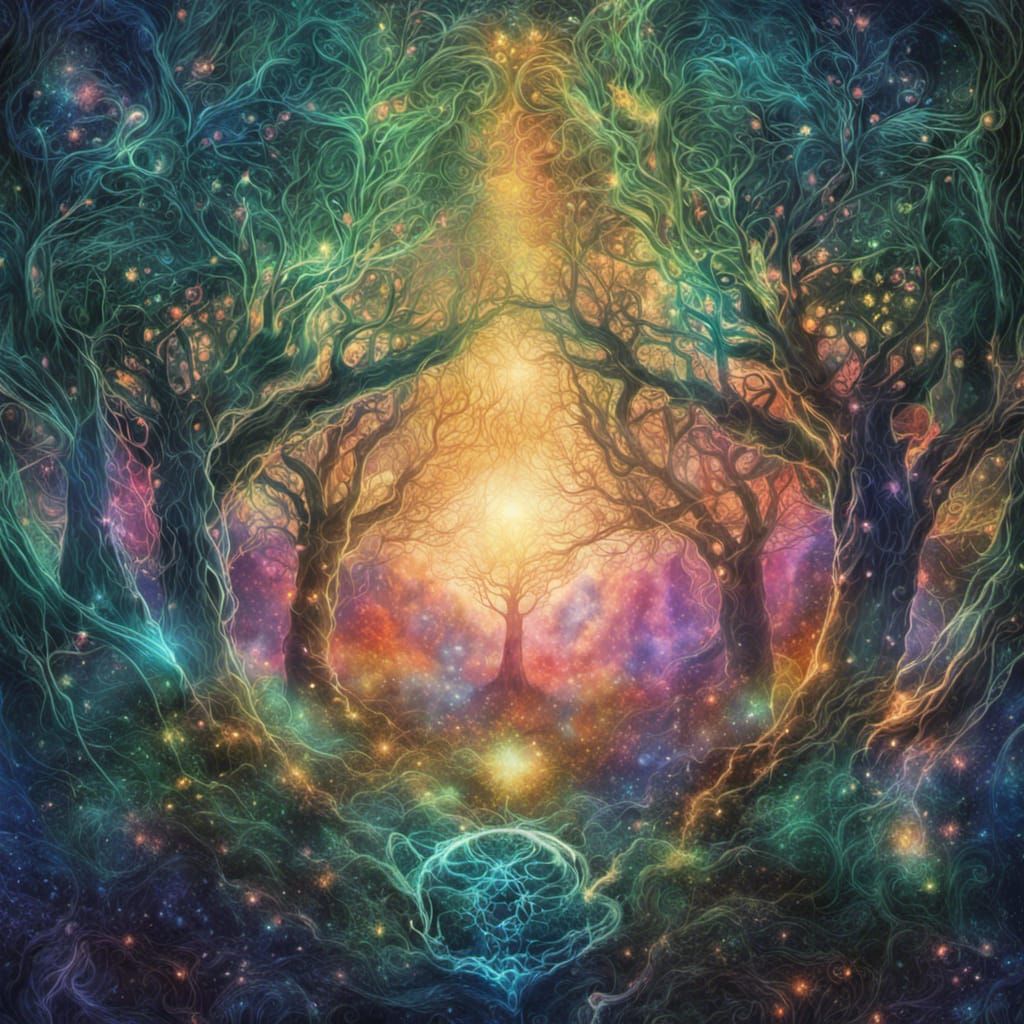 Elven Vines in Forest: Holographic Astral Illustration