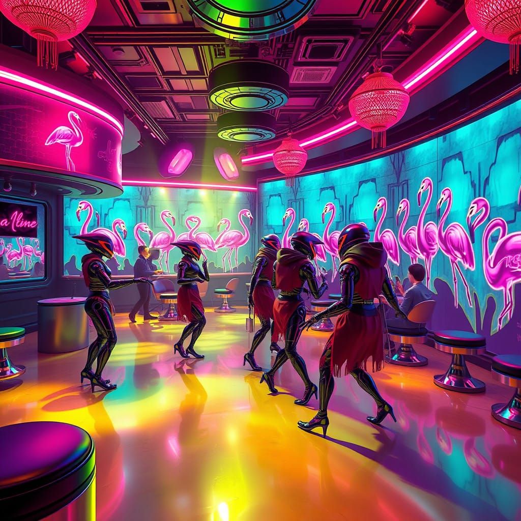 Elegant Nightclub Where Alien Robots Dance with Humans