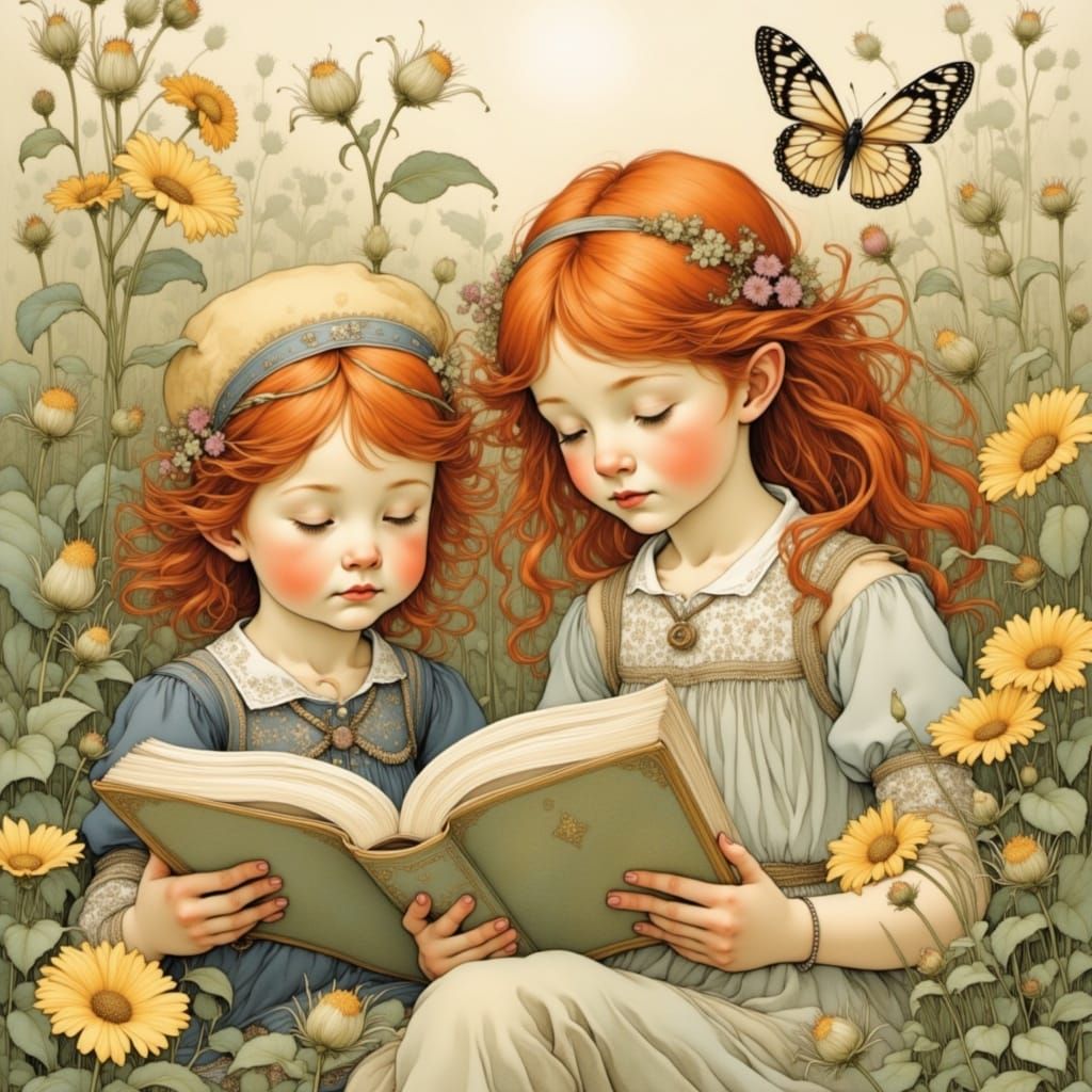 Red Haired Siblings in Whimsical Garden Scene