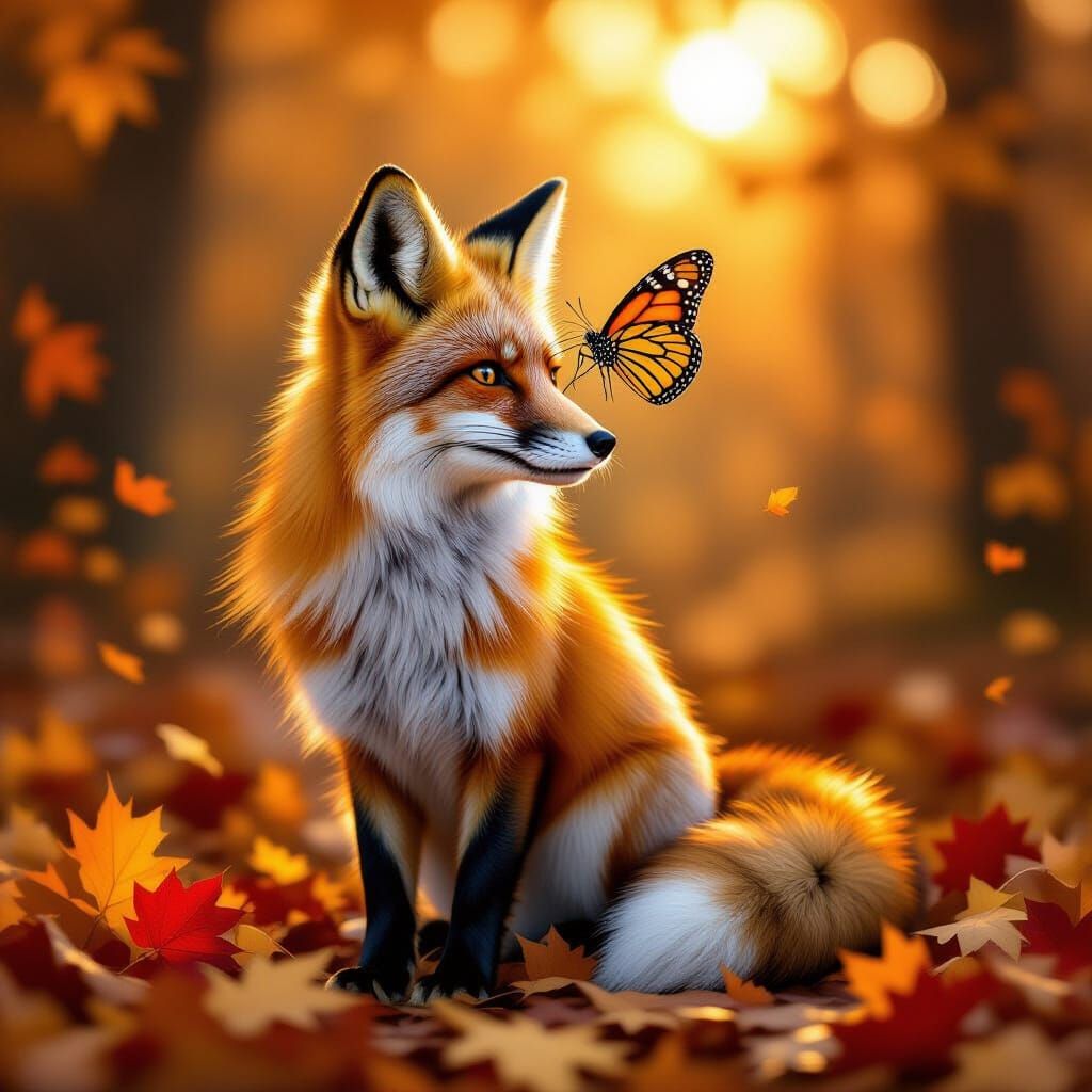 Red Fox with Butterfly on Nose in Autumn Forest