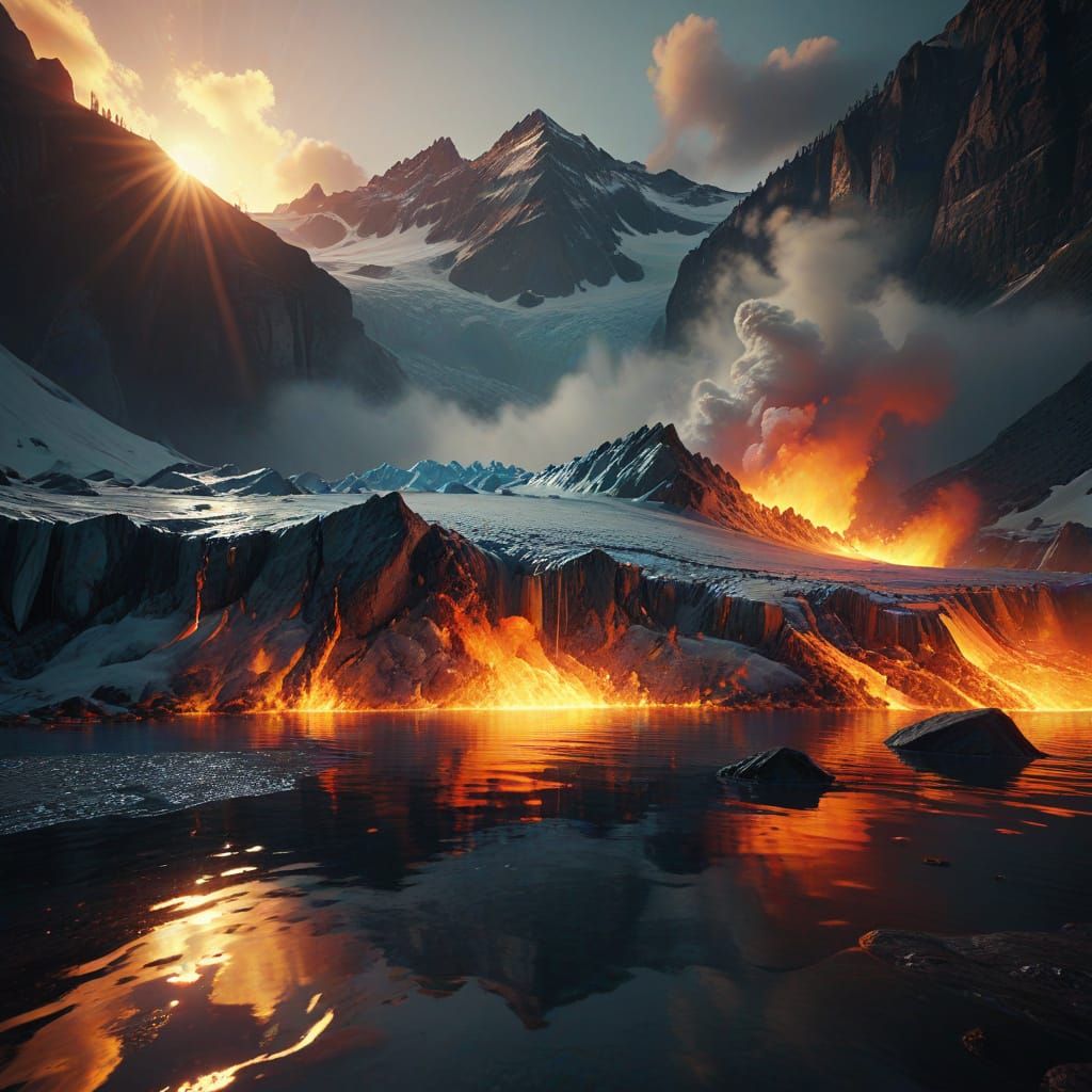 Glacier Calving into Fiery Lake: Cinematic 3D Art