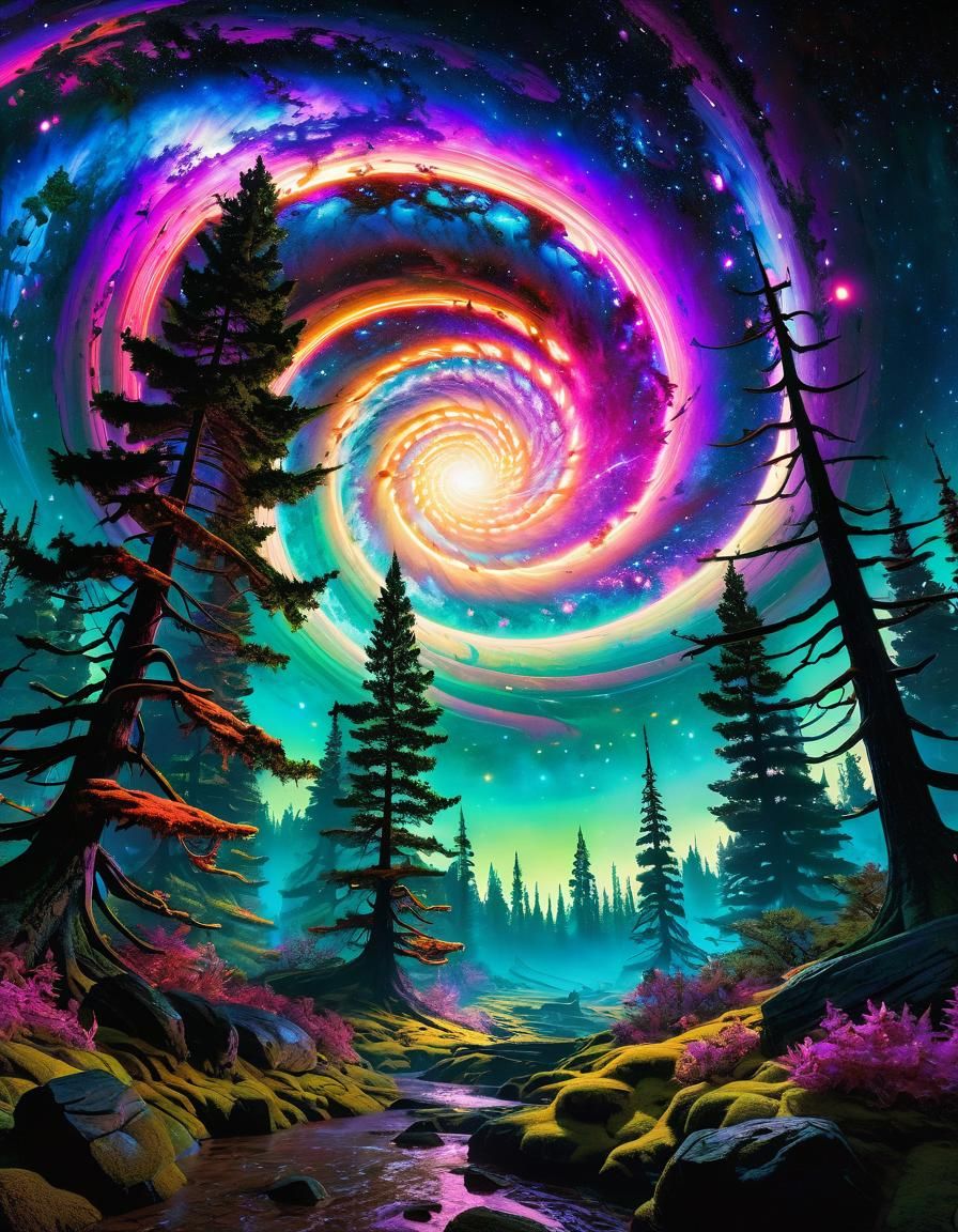 Galaxy Above Mystical Forest in Fantasy Art Style