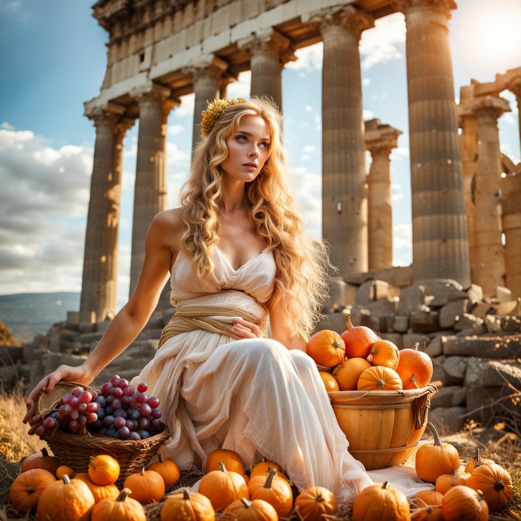 Greek Goddess with Cornucopia in Temple Ruins