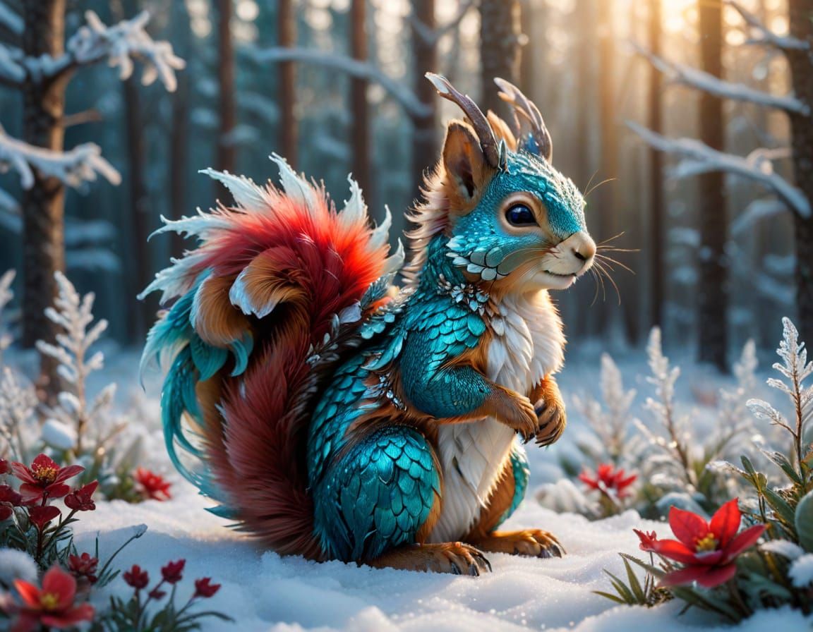 Enchanted Winter Wonderland with Dragon-Squirrel