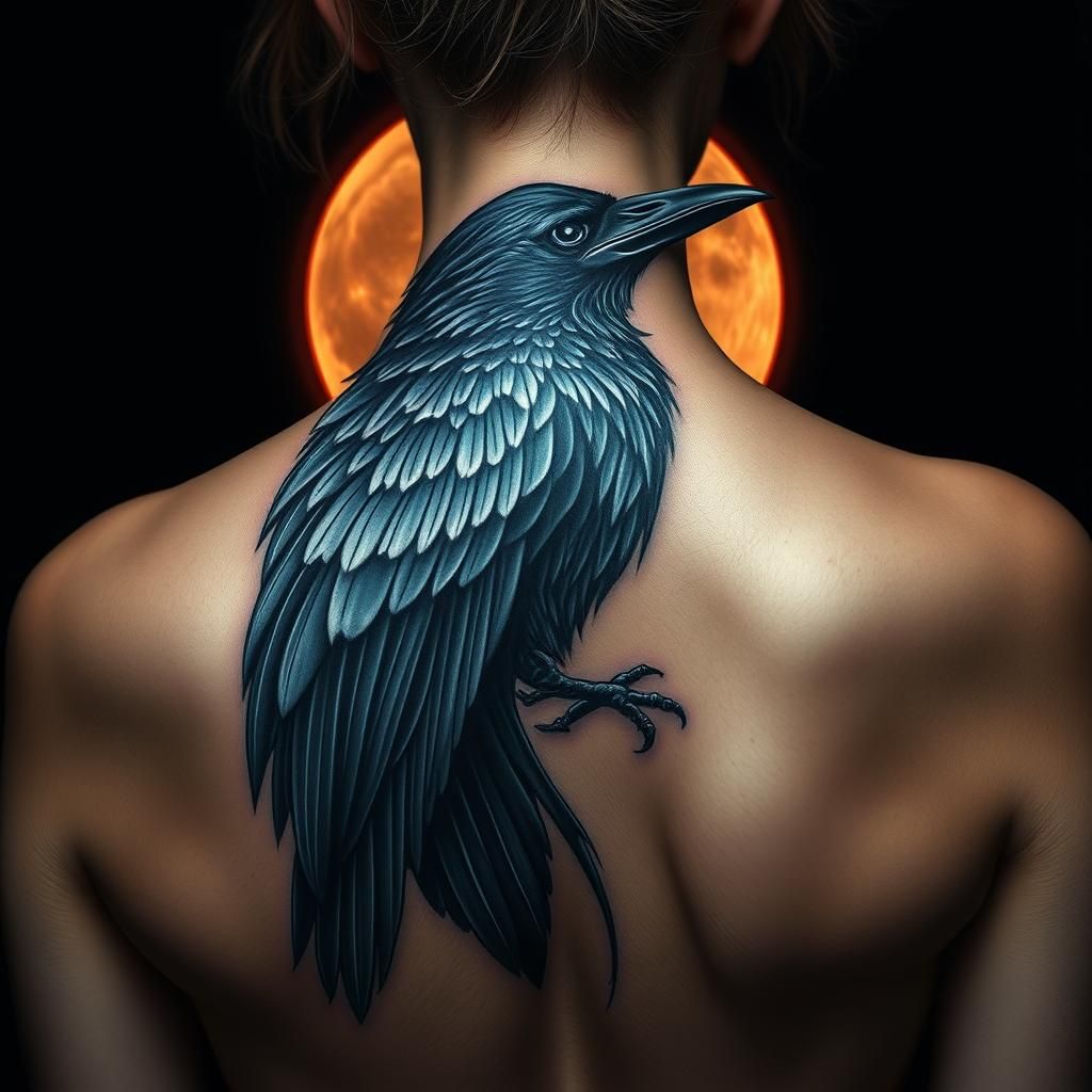 Raven Tattoo with Moonlit Halos, High-Contrast Design