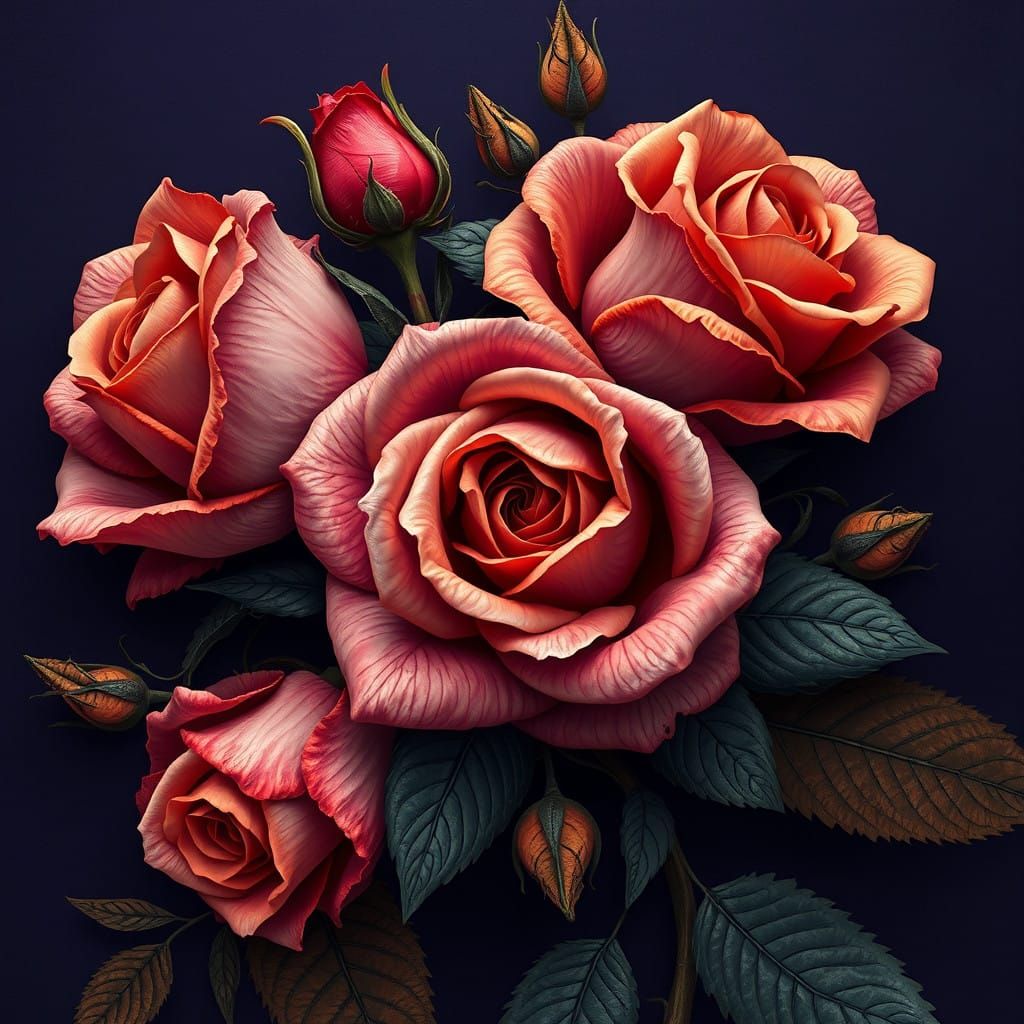 Ethereal Rose Arrangement in Victorian-Inspired Digital Art
