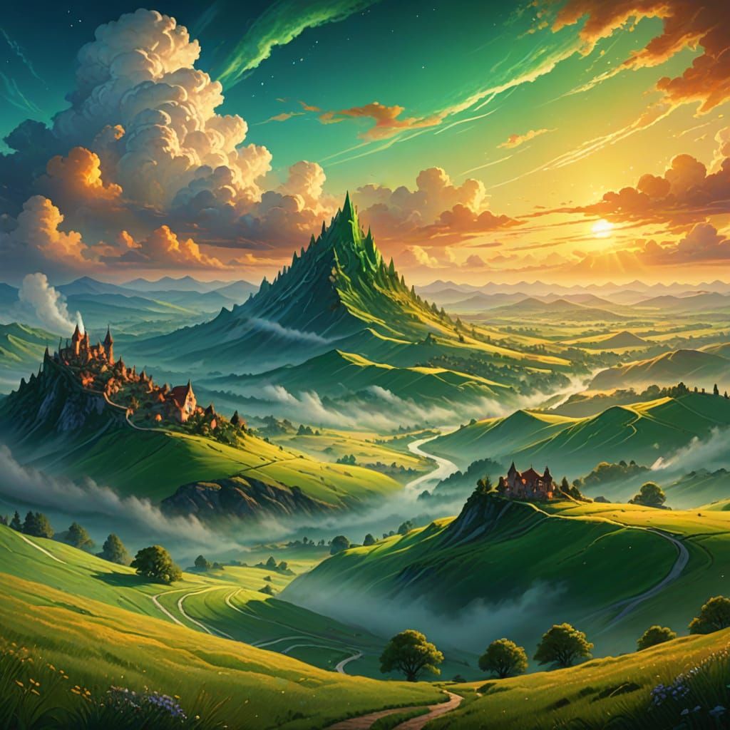 Enchanting Fantasy Landscape with Magic, Oil Painting