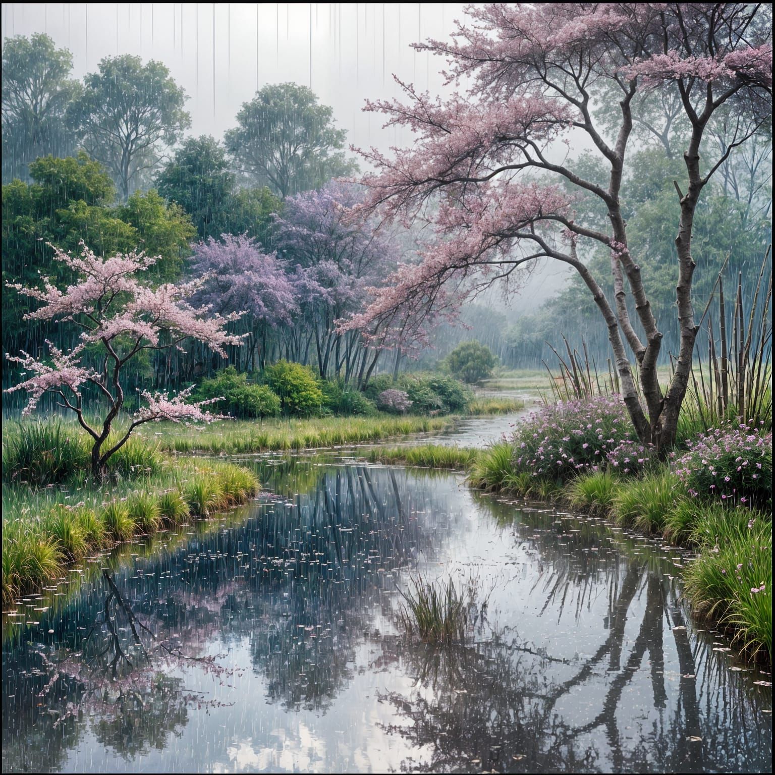 Pointillist Asian Landscape Through Rainy Window