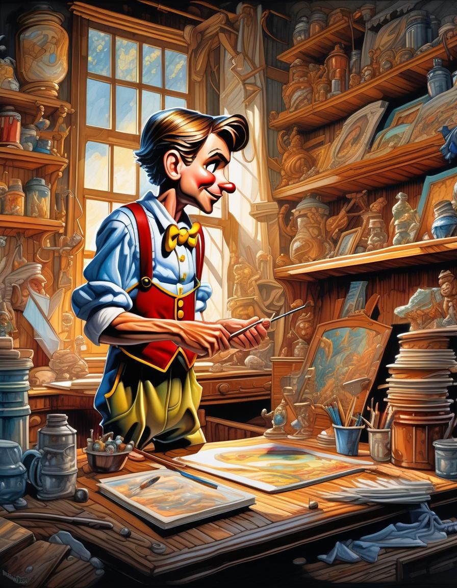 Pinocchio Comic Book Art in Gouache Style