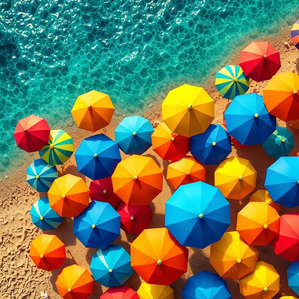 Vibrant Beach Scene with Overlapping Umbrellas in Tetradic C...
