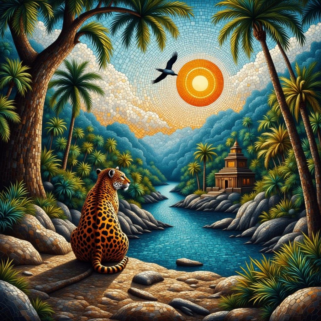 Jaguar Art Fused with Mayan Temple Mosaics