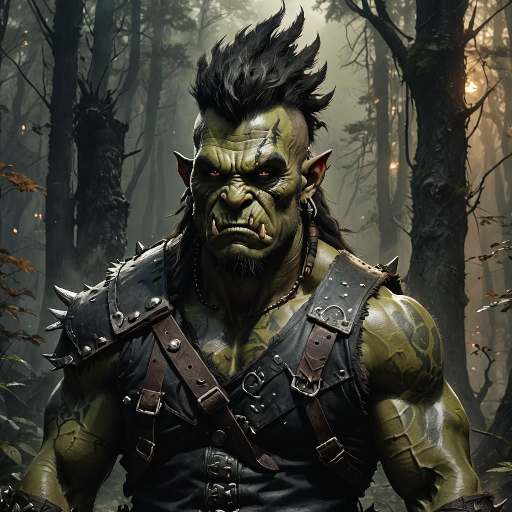 Orc Barbarian with Mohawk in Misty Forest