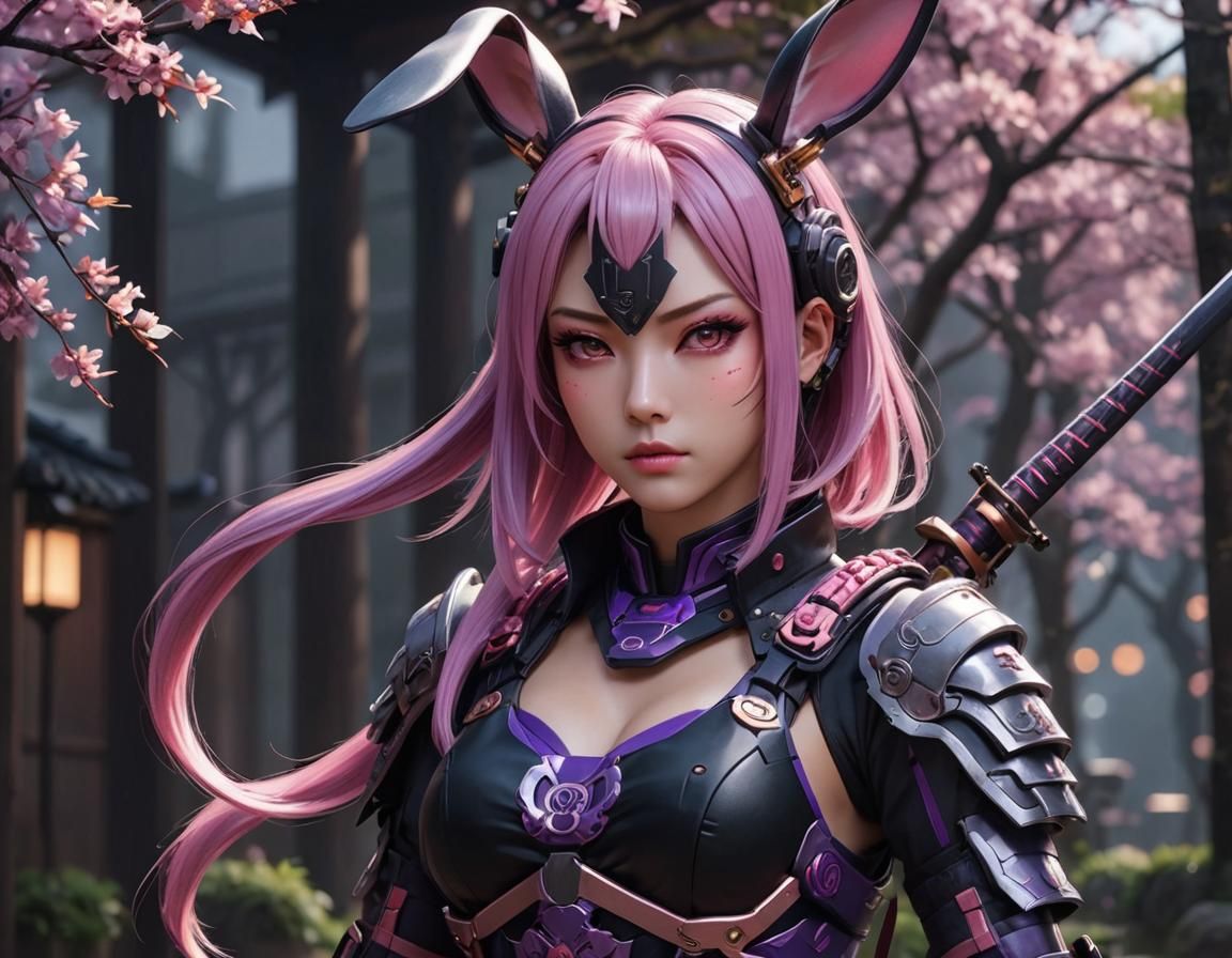 Cyborg Samurai Girl with Bunny Ears in Anime Style