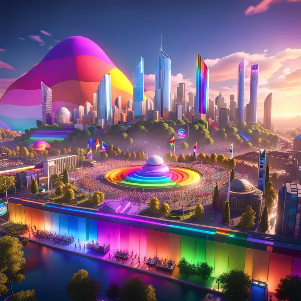 a wide shot of a queer utopian society cityscape, with lesbian couples, gay couples, trans people, rainbow pride flags, ...