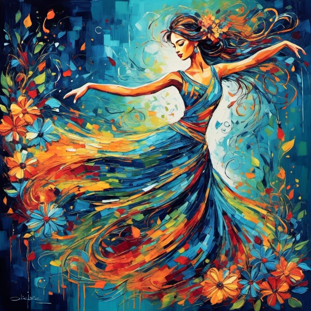 Abstract Calligraphy Dancer in Neon Art Style