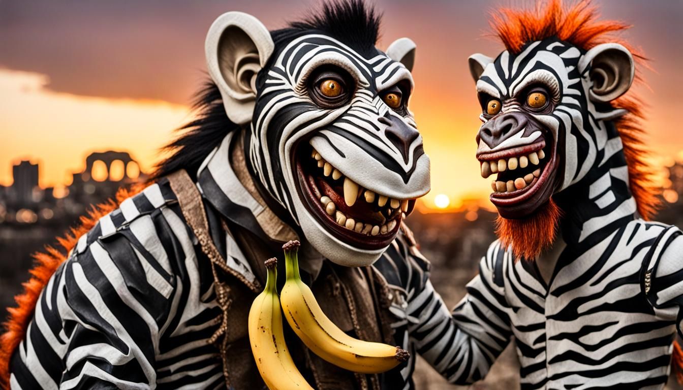 Grinning Zombie Monkey Zebra Monster Family in Vibrant Orang...