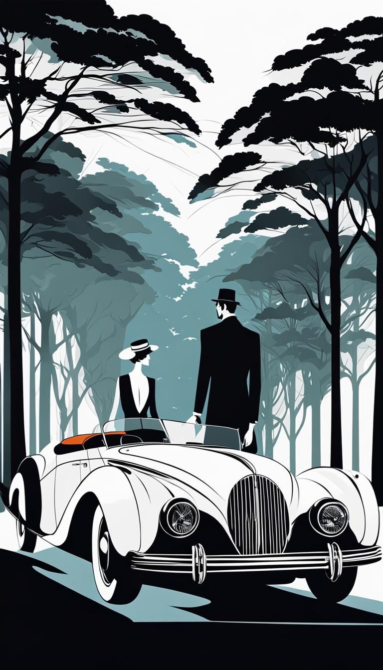 Horizontal Gatsby style scene with streamlined car and beaut...