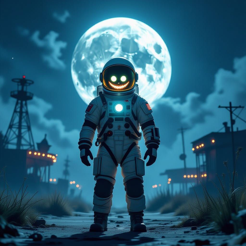 Spooky Carnival Astronaut Villain Lair Under Full Moon