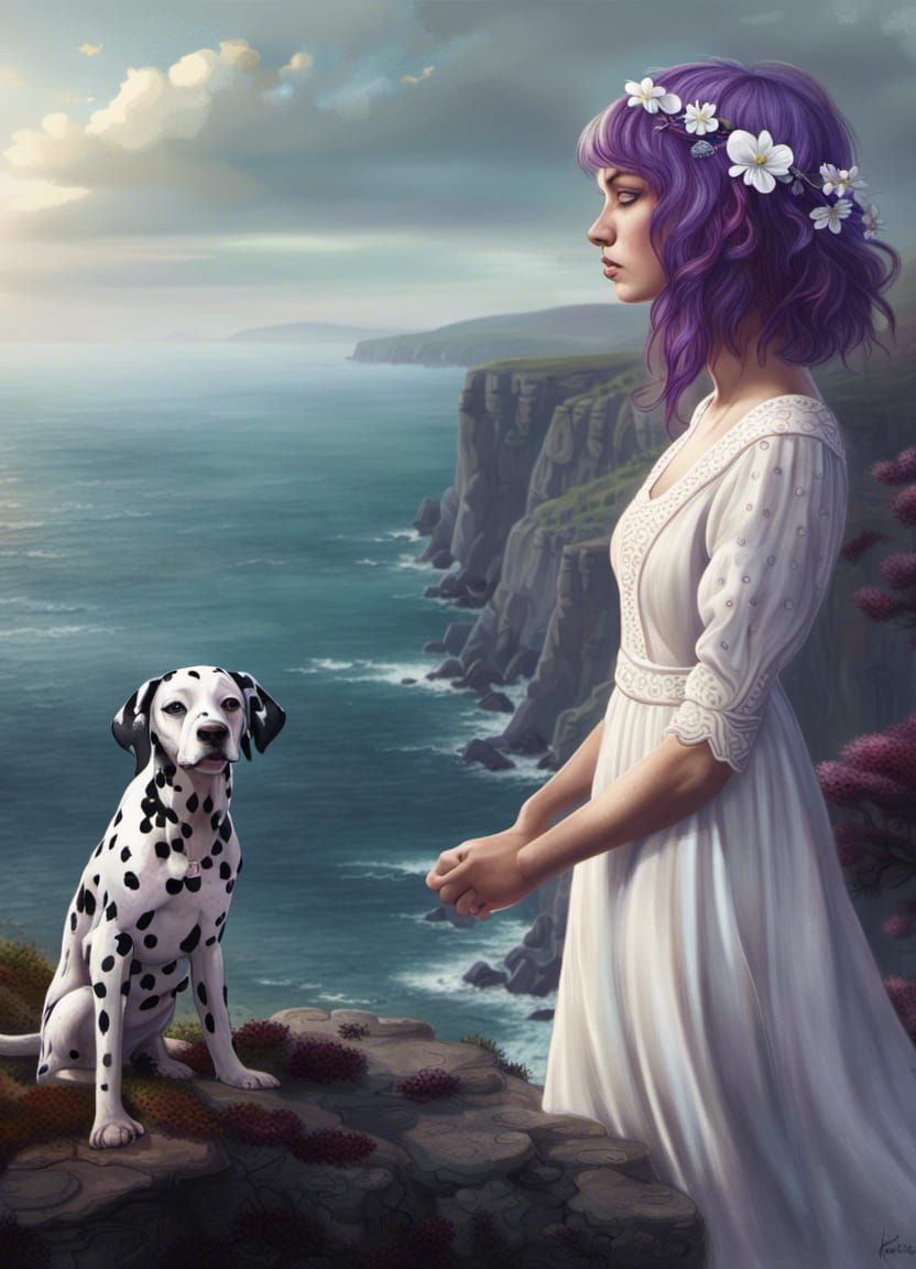 Girl with Dalmatian on Sea Cliff: Fantasy Art