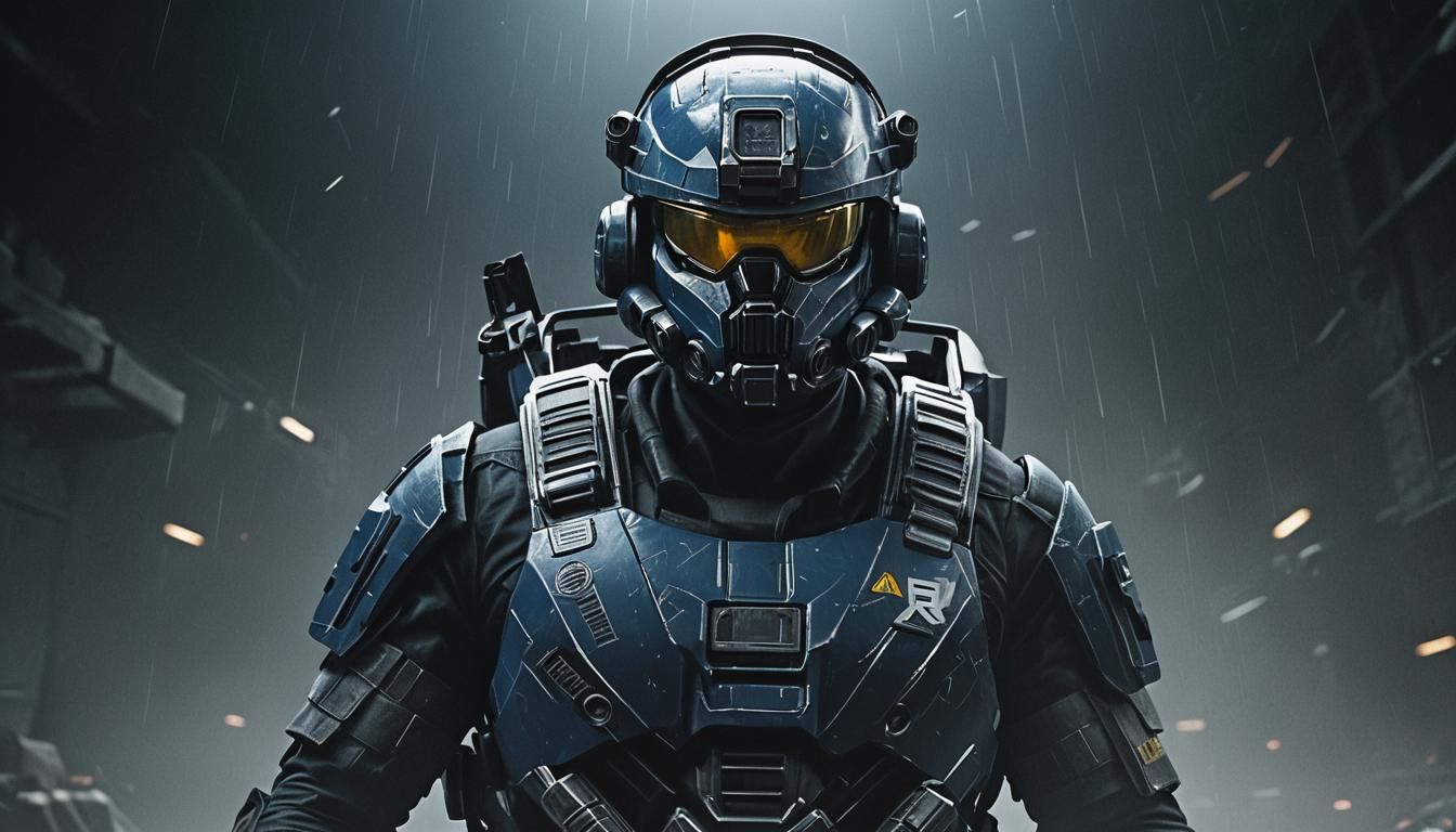 Futuristic Soldier Portrait in Dark Blue Armor