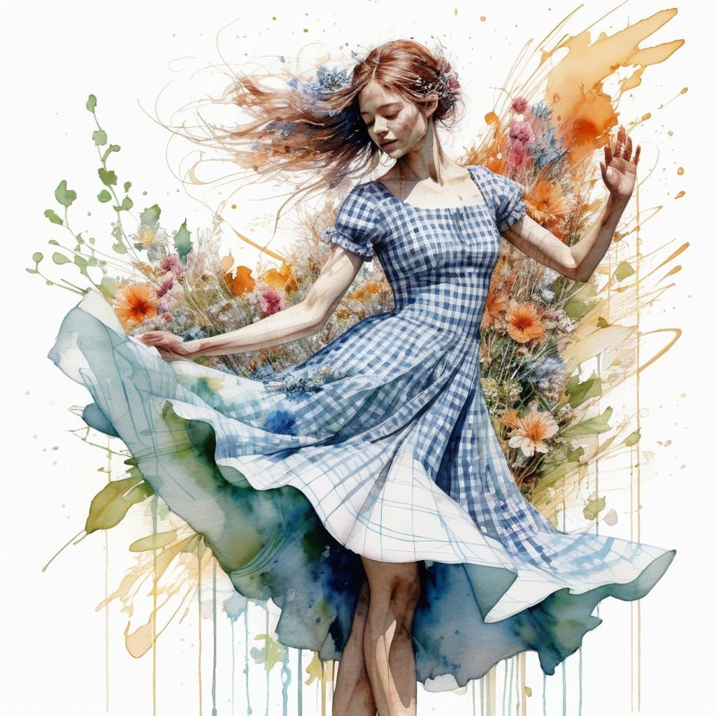 gingham-patterned woman dancing