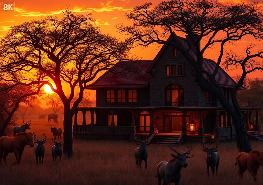 African Savannah Sunset with Ornate Hunting Lodge