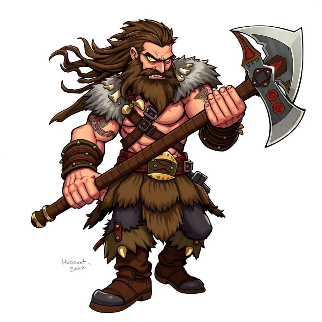 Fierce Barbarian Warrior in Cartoon-Style 2D Side-View