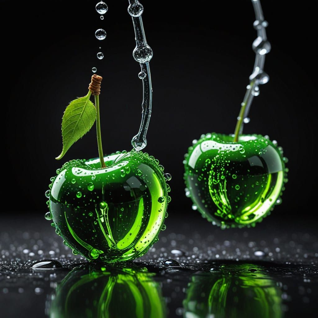 Glass Cherries Form Music Note in Water Splash