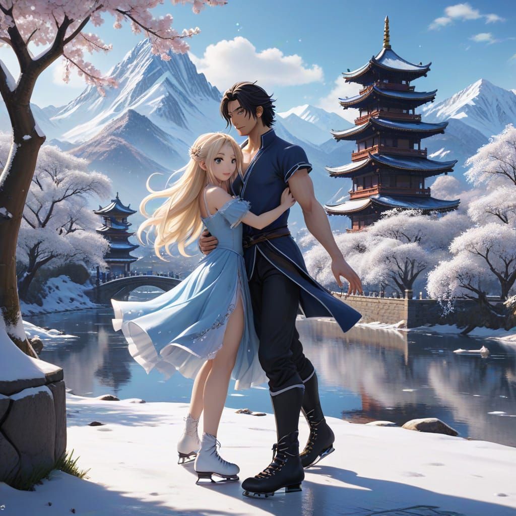 Anime Couple Ice Skating in Winter Wonderland