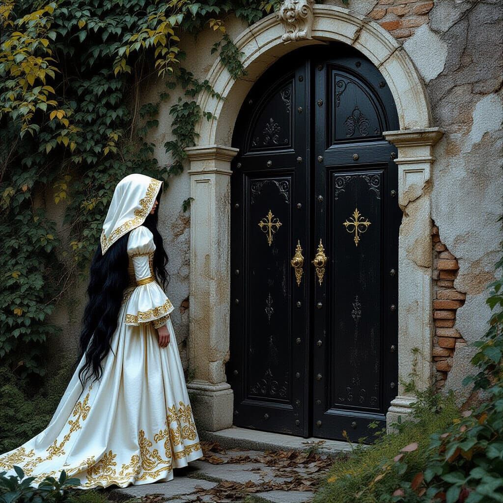 Italian Woman at Ebony Door in Abandoned Garden