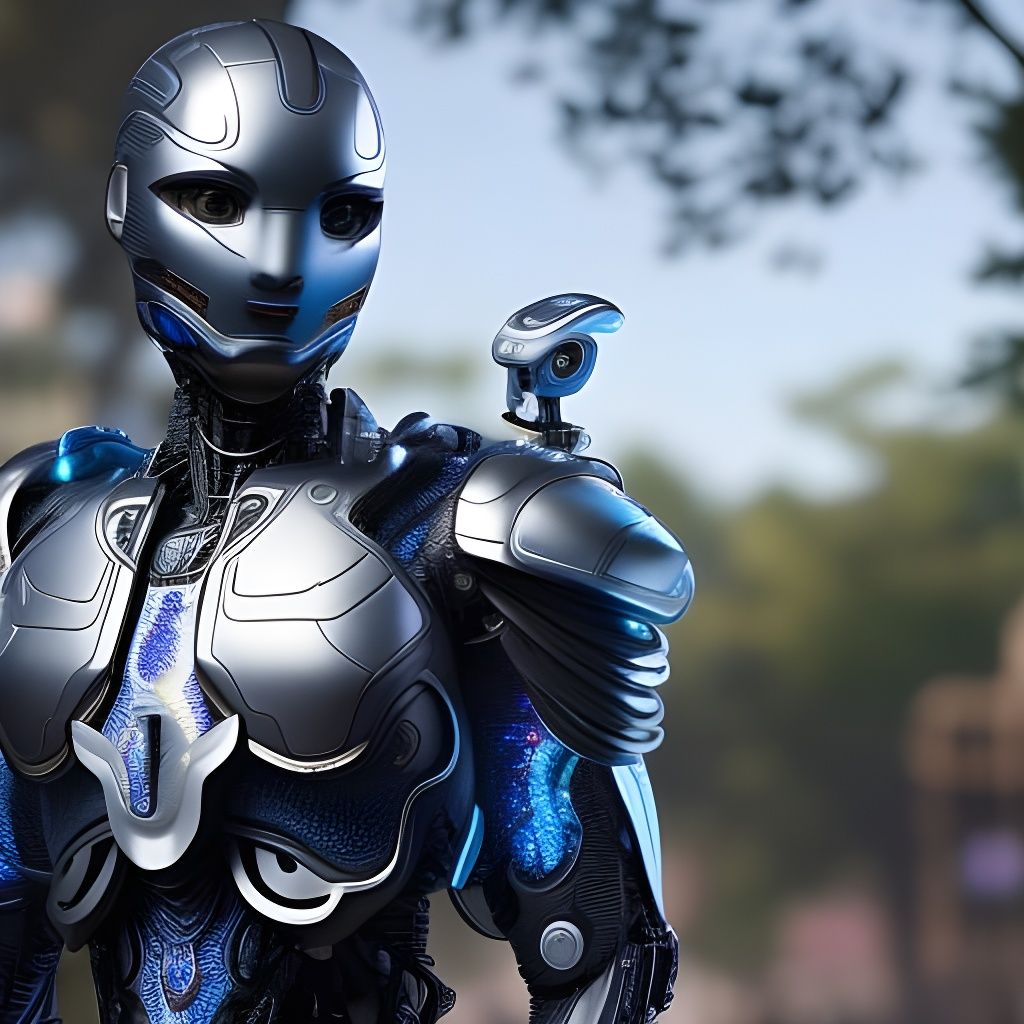 Titanium Care Robot Walks in a Garden