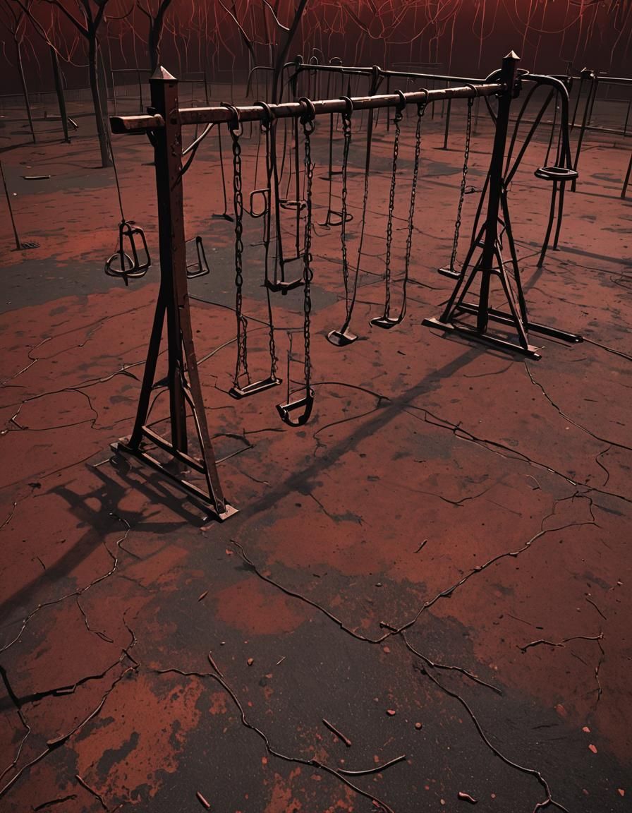 Desolate Playground with Sinister Shadow Figures