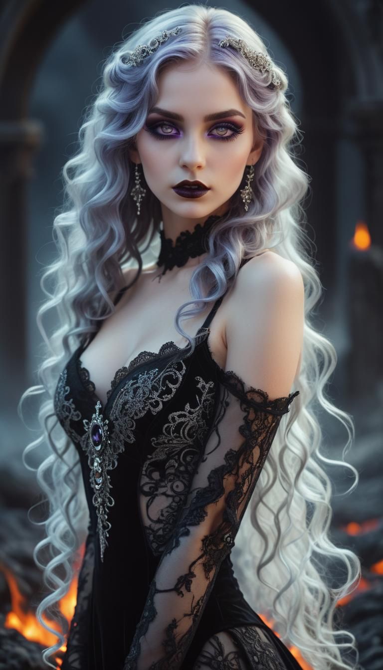 Gothic Beauty Amidst Fiery Landscape