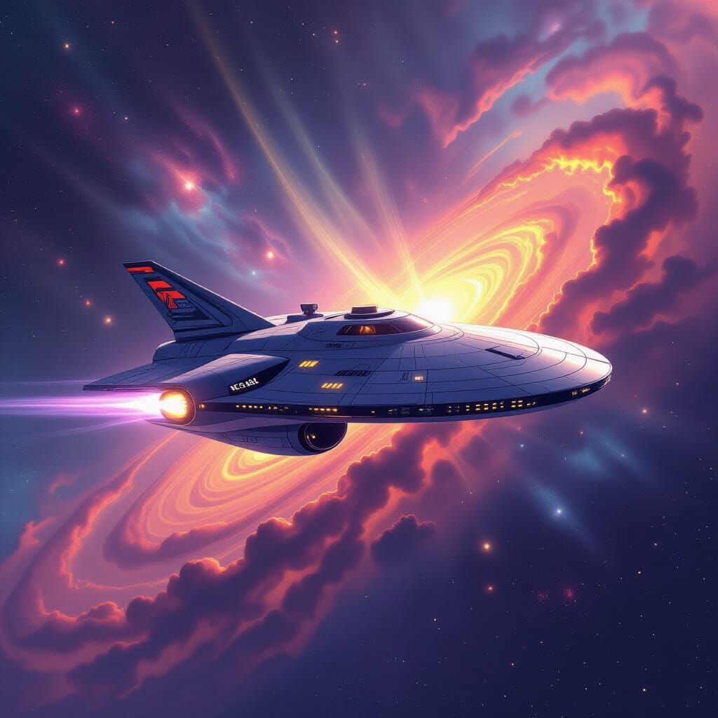 Starship Voyager Emerging From Nebula