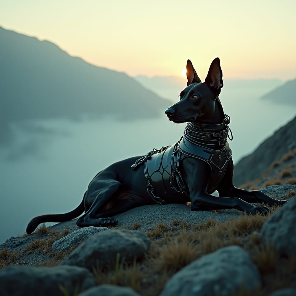 Cybernetic Dog Lounging in Futuristic Landscape
